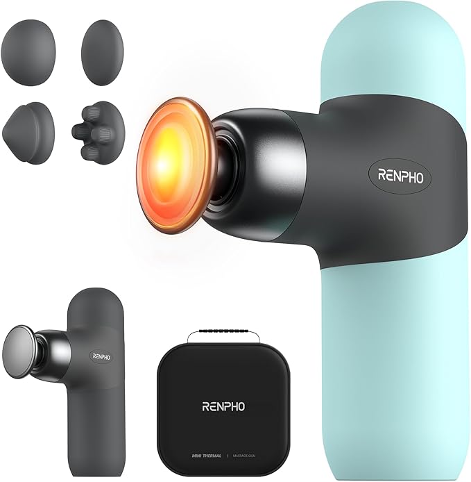 RENPHO Mini Thermal Massage Gun with Heat, Portable Deep Tissue Percussion Massager with 4 Heads for Neck & Back Comfort, Ultra-Quiet Operation for Home, Office & Travel, Includes Compact Carry Case