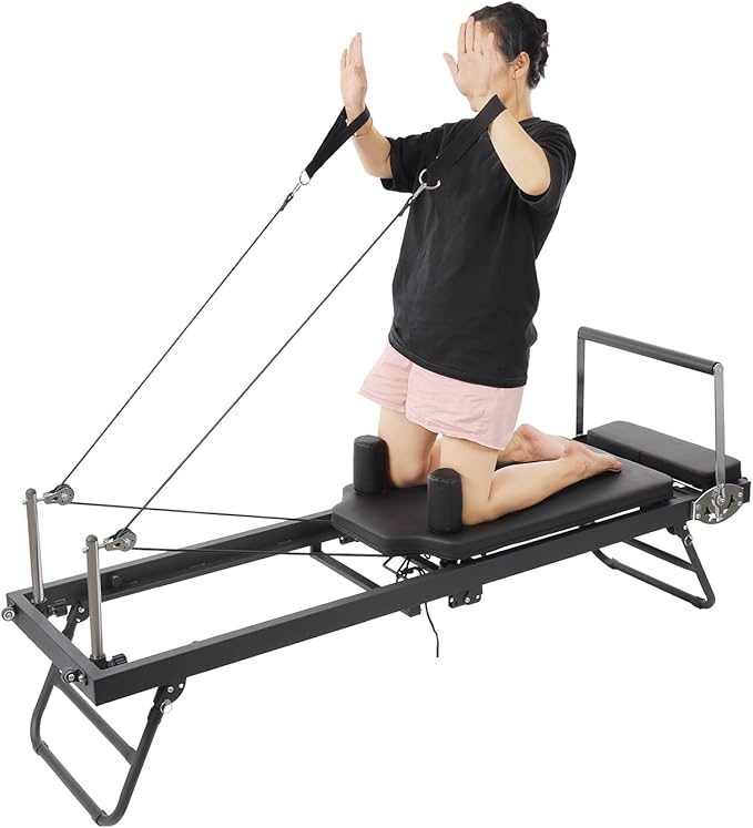Foldable Pilates Reformer, 264.55Lbs Pilates Reformer Adjustable Pilates Machine with 3 Height Adjustment Gears & 2 Spring Tension Gears for Home Use and Gym Workout 77.56x22.44x28.54In