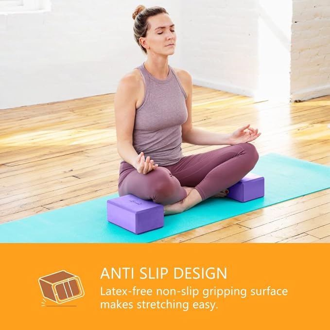 Sol Living Yoga Blocks 2 Pack High Density EVA Foam Yoga Cushion Stretching Pilates Meditation Exercise Equipment Support Deepen Poses Odor Free Non Slip Yoga Accessories - 4" x 6" x 9"- Purple