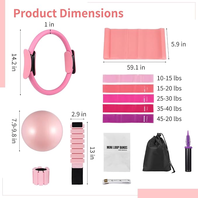 Home Workout Pilates Kit for Women, Including Pilates Ring Set, Pilates Ball, Ankle Wrist Weights, Resistance Bands, Yoga Full Body Training and Tape Measure