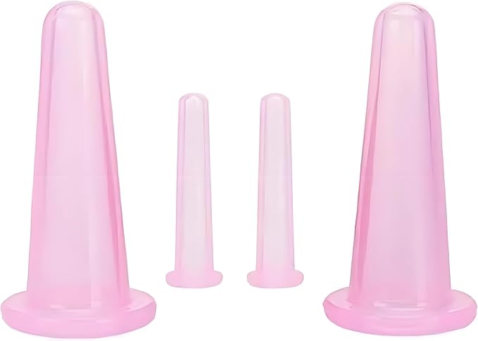 4Pcs Silicone Facial Cupping Therapy Set Mini Facial Cups Manual Body Face Massage Tool Don't Worry About Burns Health Care Products (2 Small + 2 Large) (Pink)