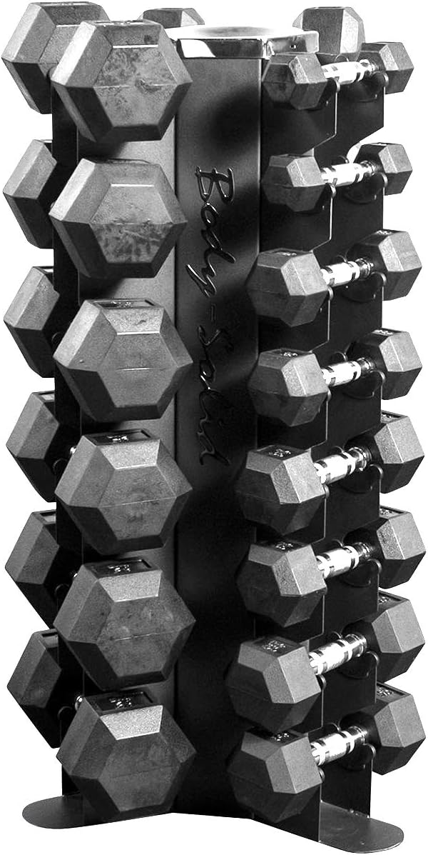 Body-Solid 3-Side Vertical Dumbbell Rack for 5-50 lb. - Compact, Space-Saving Weight Holder for Home Gym, Holds upto 10 Pair of Dumbbells with Medicine Ball Storage Tray