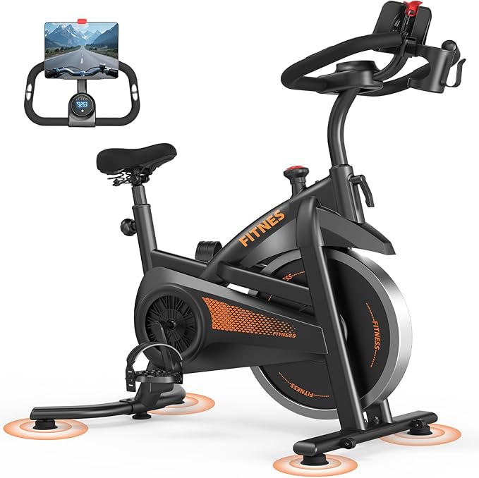 CURSOR FITNESS Exercise Bike, Brake Pad Stationary Bike for Home with Exclusive App, Stationary Bikes for Home with 300 lb Weight, Indoor Cycling Spin Bike Workout Bike with Extra Comfort Seat