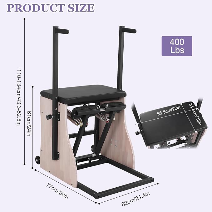 Generic Oak Wood Pilates Chair with Adjustable Resistance Springs Split Pedal Handles Studio Quality Pilates Reformer Machine for Home Workout Studio Gym Rehabilitation Exercises