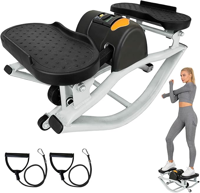 Lateral Rocking Fitness Stepper for Home Workout - Low Impact Side to Side Stepper Machine, Gentle on Knees and Joints, Portable Leg Glutes Abs Core Exerciser with LCD Monitor and Resistance Bands
