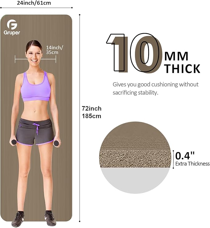Gruper Yoga Mat Non Slip NBR Extra Thick Yoga Mat, 72"L x 32"/24"W x 0.6"/0.4"TH (185cm x 80cm/61cm x 15mm/10mm), Anti-Tear Exercise Mat with Carrying Strap and Bag, Workout Mats for Yoga, Pilates