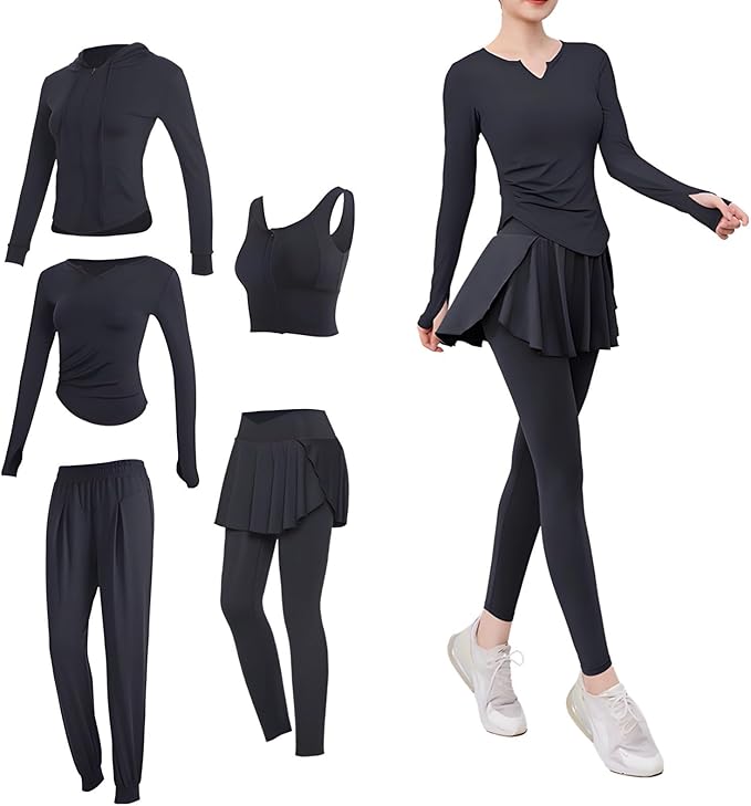 Women’S Pilates Set, 4-Piece Yoga Apparel, Xxl Size (135-150 Lb), Includes Jacket, Sports Bra, Long Sleeve Top, Polyester-Spandex Blend For Breathability