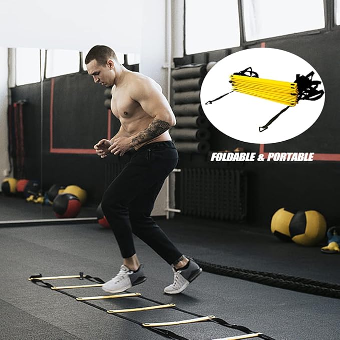 12-Rung Agility Ladder with Resistance Parachute for Football Training Kit with Stakes Cones Drawstring Bags, PEPPNylon Material