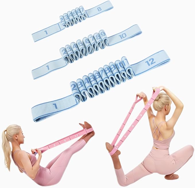Yoga Strap with 8/10/12 Loops, Pilates Flexbands with Non-Chafe Fabric, Fashion Puller Exercise Bands for Stretching, Yoga, Dance & Full Body Shaping-3pcs