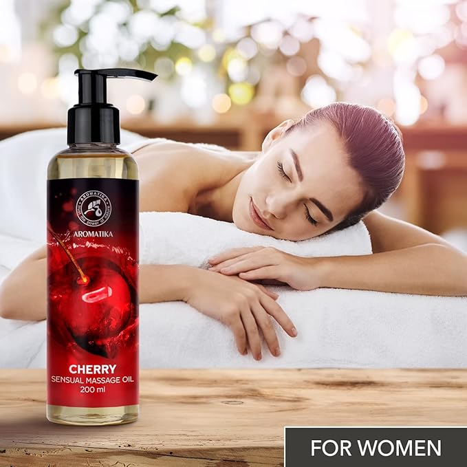 Cherry Sensual Massage Oil for Couple 6.8 Fl Oz - Massage Oil - Blend of Almond and Grapeseed Oils - Body Oil for Him & Her - for Couples - Romantic Gift - Relaxing Massage Oil