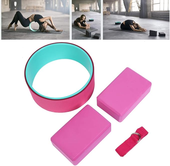 4pcs Yoga Wheel Set with Yoga Block and Stretch Strap, Premium EVA Foam Back Pain Relief Fitness Kit for Deep Stretching and Flexibility Training
