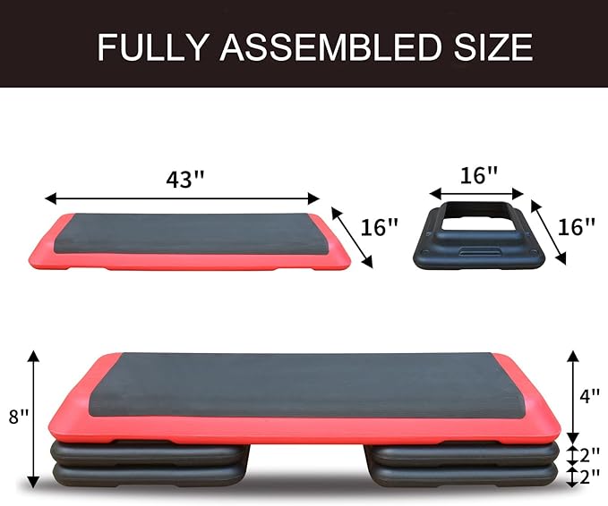 43'' Aerobic Stepper, 4-6-8in Height-Adjustable Exercise Workout Step Platform with 4 Detachable Risers for Home Gym Workout & Training