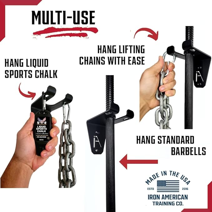 IRON AMERICAN Alpha Barbell Gym Wall Mount Storage 100+ Pound Capacity - Multi-Use Barbell Wall Holder, Barbell Hanger 4.25 x 6.75 x 7.25 Inches - Holds Any Standard Olympic Barbell - Hardware Included