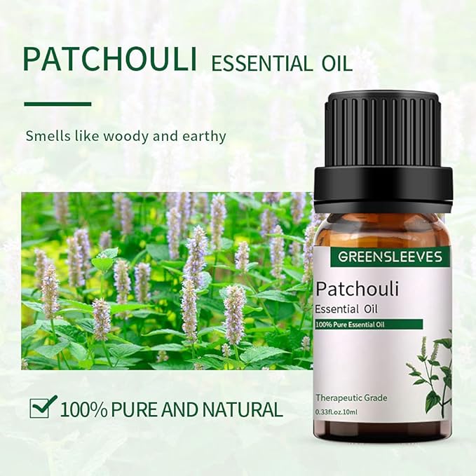 GREENSLEEVES Patchouli Chamomile Essential Oil Set, 2 x 10ml Pure Plant-Based Fragrance Oil for Aromatherapy, Essential Oils for Diffuser, Massage, Bath Bomb, Scented Candle Soap Making