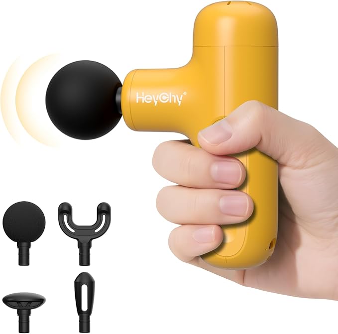 Super Mini Massage Gun Deep Tissue, Handheld Muscle Massager with 4 Heads, Percussion Travel Size Massager Gun for Men & Women Back Pain Relief, Quiet for Home, Gym, Office, Yellow