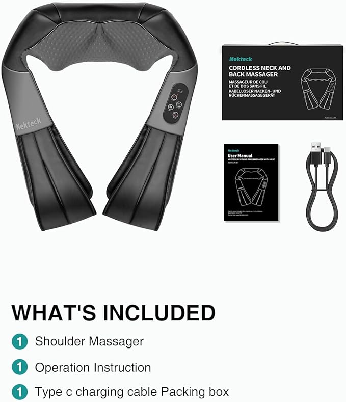 Nekteck Shiatsu Neck Massager with Heat for Pain Relief Deep Tissue, 2026 Upgraded 3D Back Shoulder Kneading Massage Pillow, Body Muscle Relaxation Tools Gifts for Him Her, Black (Cordless)
