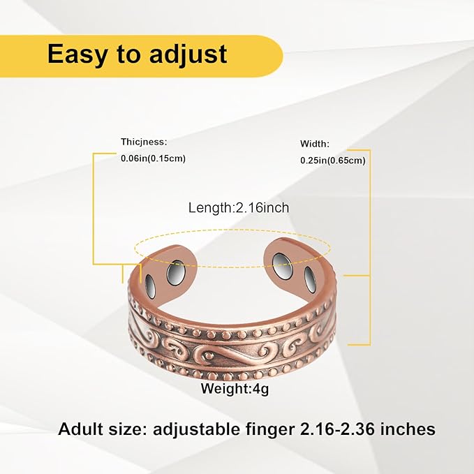 Copper Rings for Women, 99% Pure Copper Retro Adjustable Magnetic Ring,Copper Jewelry Present (0955)
