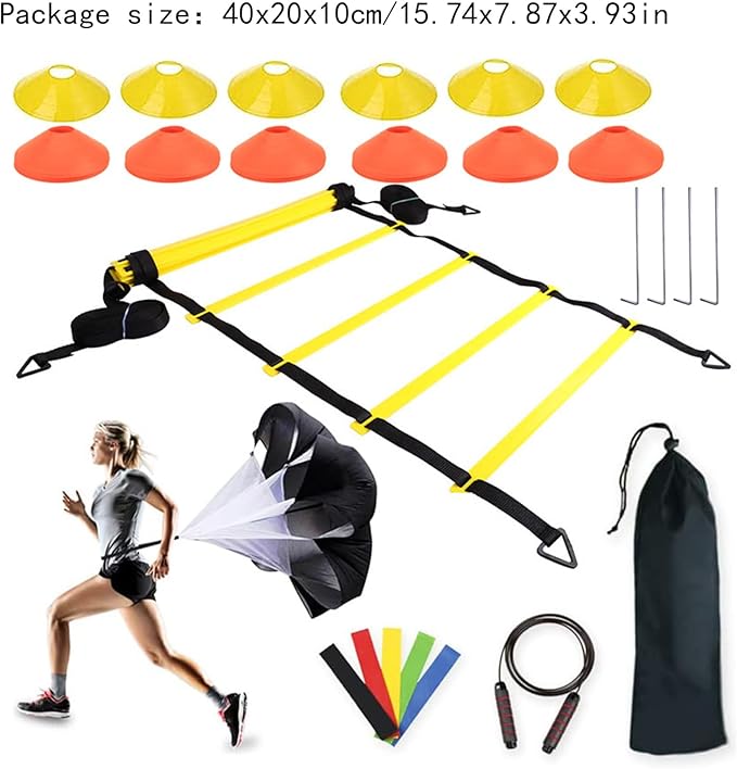 Agility Ladder – Speed Ladder Soccer Football Athletic Fitness Kit | Jump Rope Parachute Discs Belt Basketball Exercise Workout Coordination Endurance Training Tools