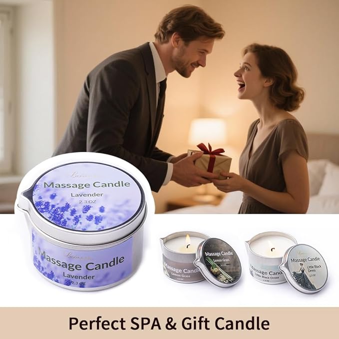 Massage Candle 3 Pack Scented Soy Wax Massage Body Oil for Home SPA, Nourishing Coconut Oil Infused Low Temp Aromatherapy Candle 6.9OZ (Lavender,Lemon Grass,Little Black Dress)