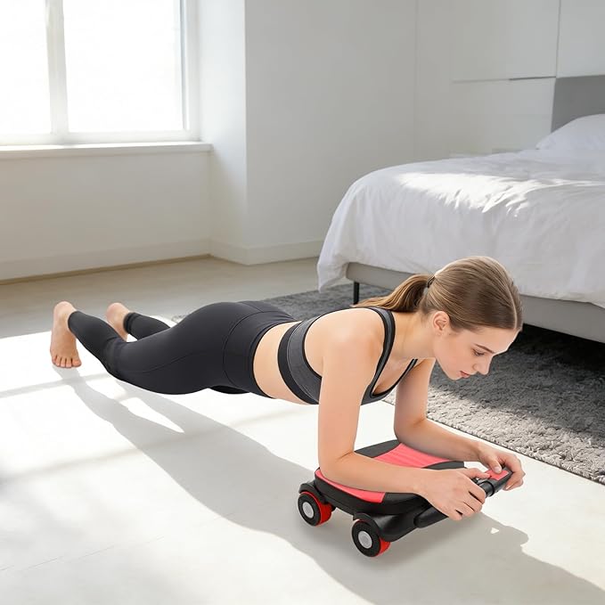 4-Wheel Ab Roller, Abdominal Wheel with Elbow Support for Home Gym, Portable Fitness Roller Workout Machine, Core Strength Training Equipment for Men Women