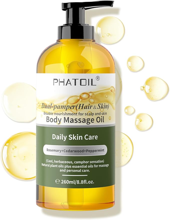 PHATOIL Rosemary Body Oil, Dual-Pamper (Hair & Skin) Massage Oil 260 ml (8.8 fl.oz), Blends of Natural Plant Oils and Essential Oils, Body Oils for Women and Men, Rosemary Oil for Hair
