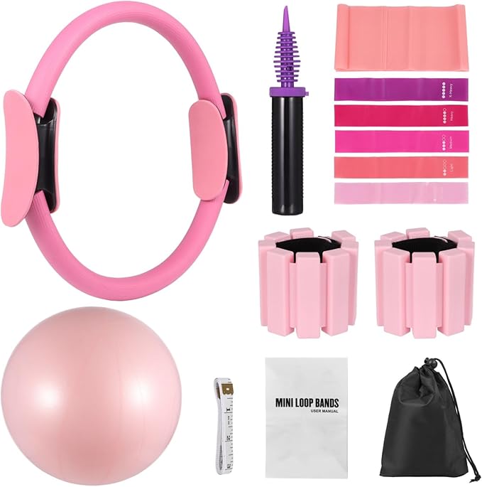 Home Workout Pilates Kit for Women, Including Pilates Ring Set, Pilates Ball, Ankle Wrist Weights, Resistance Bands, Yoga Full Body Training and Tape Measure
