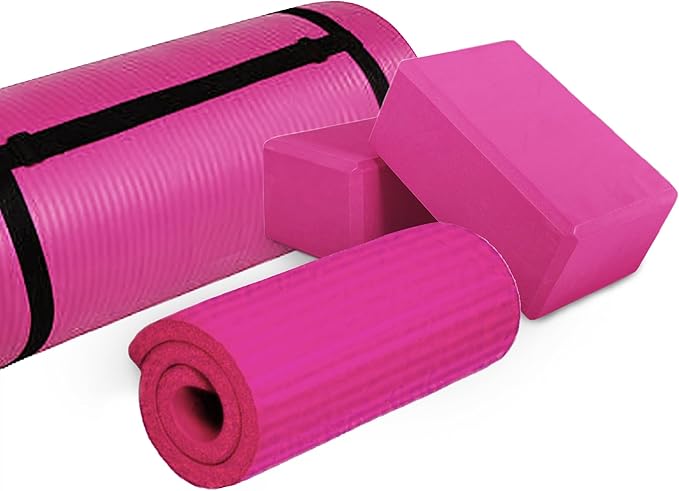 BalanceFrom 71x24 Inches Yoga Mat with Knee Pad and Optional Blocks – Extra 1-Inch Thick Non-Slip Foam with Anti-Tear Surface and Carrying Strap for Home, Studio, or Gym Workouts