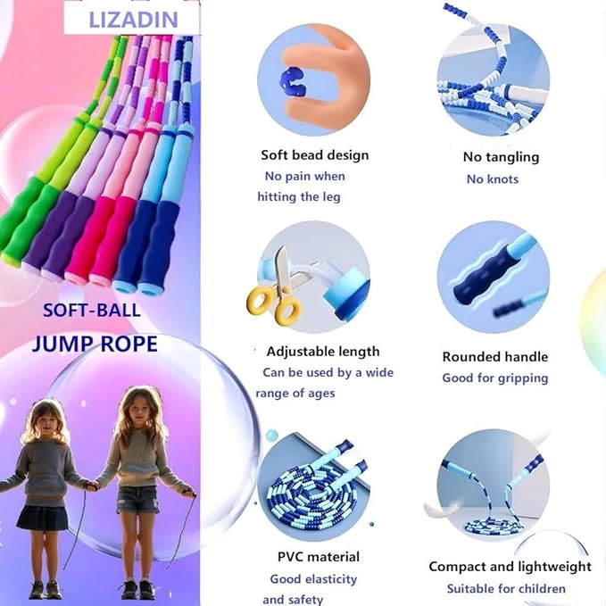 Jump Rope for Kids, Soft Beaded Skipping Rope, Adjustable Length Tangle-Free Segmented Jumping Rope for Kids Students Man and Women