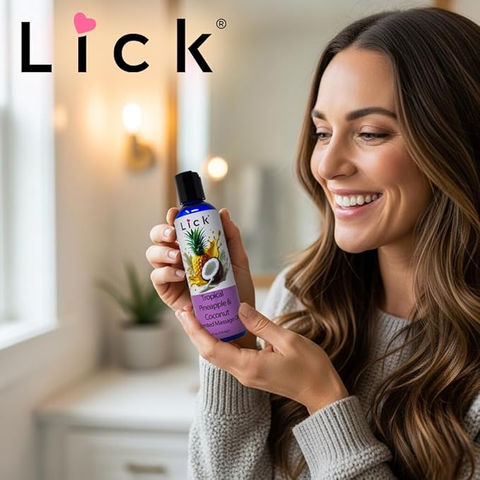 Lick Tropical Coconut and Pineapple Massage Oil – Island-Inspired Edible Massage Oil with Almond Oil & Vitamin E, Smooth Glide for Couples Massage Escapes, 4 oz