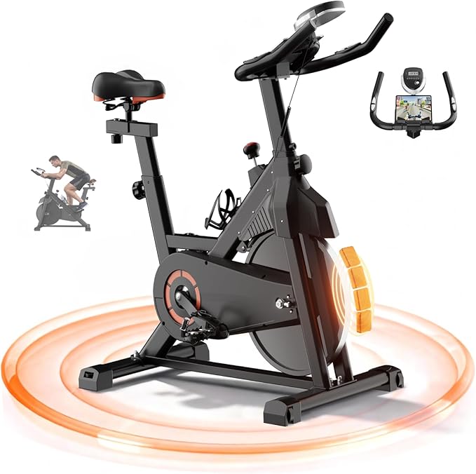 Exercise Bike, Magnetic Stationary Bikes for Home with Brake Pad Silent Belt Drive, 330LB Weight Capacity Indoor Cycling Bike with Upgraded Comfortable Seat, Tablet & Water Bottle Holder Black