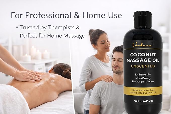 Verdana Coconut Massage Oil – Unscented for Massage Therapy, Lightweight & Non-Greasy for Professional & Home Use, Made with Fractionated Coconut Oil, 16 fl oz
