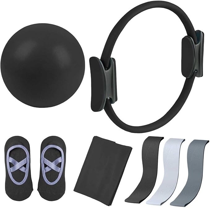 Pilates Ring Set for Home Workouts Women, Pilates Kit with Resistance Bands Magic Circle Accessories, Exercise Ball 9.8”, Portable Fitness Equipment for Home, Gym, Office Workouts