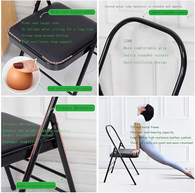 Yoga Chair,Pilates Chair,Yoga Chair Iyengar,Backless Yoga Chair Prop,Folding Stools with Foot Pads,Double Beam Backless Yoga Auxiliary Chair,Black