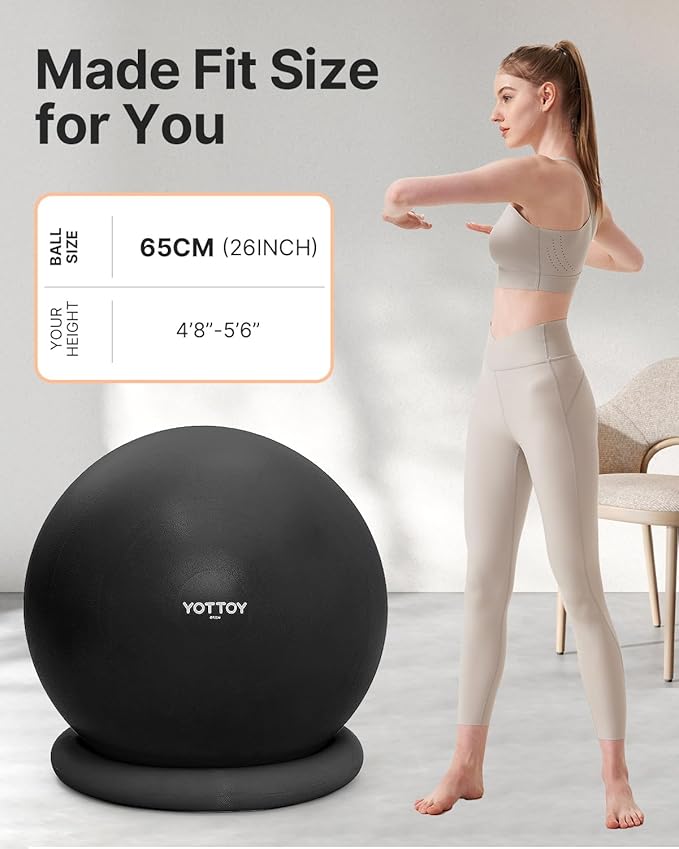 YOTTOY Exercise Ball Chair with Base,Yoga Ball Chair for Home Office Desk, Stability Ball & Fitness Ball Seat with Pump (Black, 23-26ines(58-65cm))