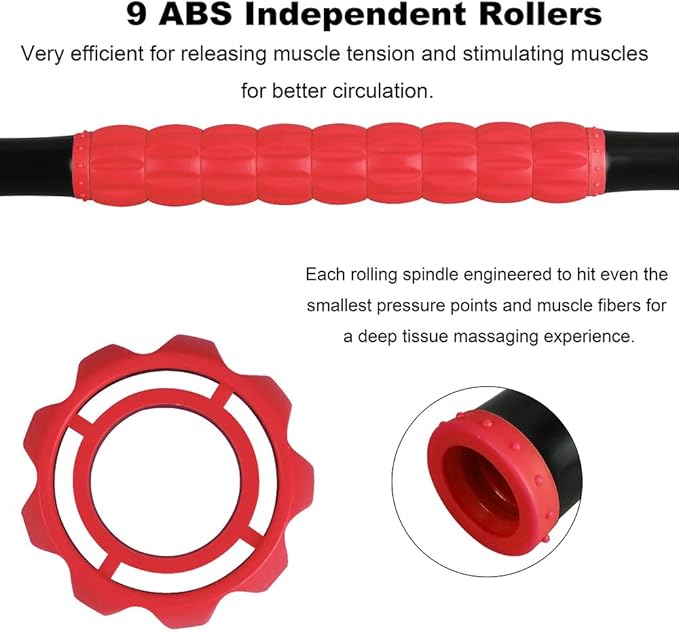 YANSYI Professional 9-Roller Muscle Recovery Stick - Deep Tissue Portable Massage Roller for Athletes, Relieves Muscle Soreness, Back & Leg Pain - Post-Workout Physio Tool (Red)