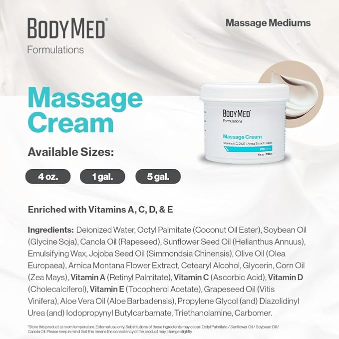 BodyMed Formulations Massage Cream, 4 oz. – Fragrance-Free, All-Natural Cream for Massage Therapy – Leaping Bunny Certified – with Arnica Extract & Jojoba – Non-Staining, & Paraben Free