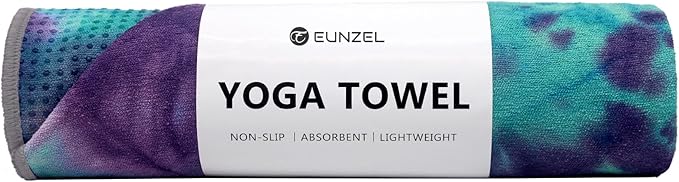 Eunzel Yoga Towel,Hot Yoga Mat Towel with Grip Dots Sweat Absorbent Non-Slip for Hot Yoga, Pilates and Workout 24" x72", Green & Purple