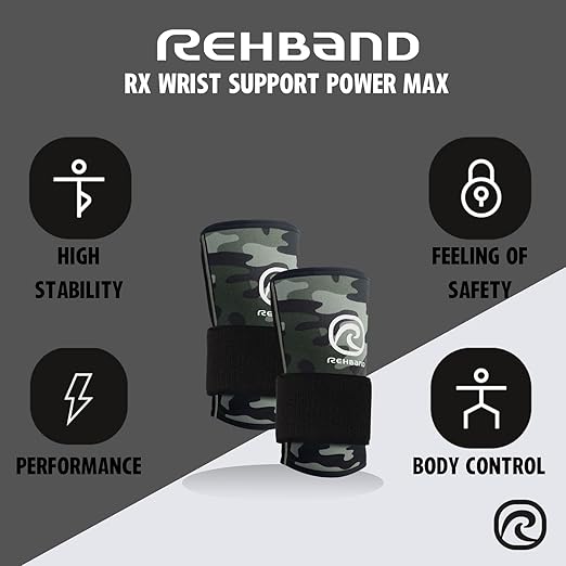 Rehband RX Wrist Support Power Max, 3-in-1 Neoprene Sleeve + Wrap for Strength Training, Protects during Kettlebell Training, stabilizes wrist, forearm protection, Colour:Camo, Size:Small