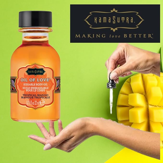 KAMA SUTRA Oil of Love Tropical Mango - .75 fl oz - Kissable Warming Body Topping for Oral Foreplay Fun. Delicious Lickable Flavor for Couples, Women, and Men. Water-Based.