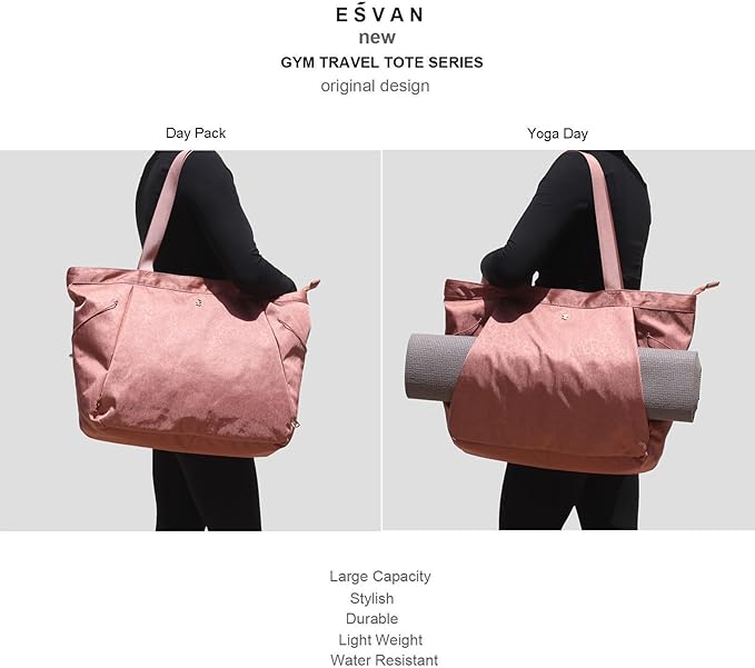 ESVAN Yoga Tote Bag for Women Shoulder Bags Drawstring for Office Workout Travel Carryall Pilates Gym and Beach