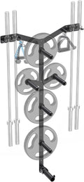 Wall Mounted Weight Plate Rack, Heavy Duty Olympic Barbell Holder & T Bar Row Landmine Attachment, 5 Pegs & 4 Barbell Storage, Space-Saving Home Gym Organizer
