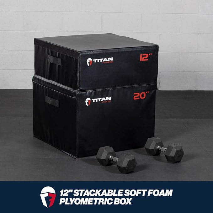 Titan Fitness 12" Stackable Soft Foam Plyometric Box, High Density EPE Foam Core Plyo Box, Step Up Exercise Platform, Box Squat, Step-Up, Box Jumps for Home Garage Gym Training