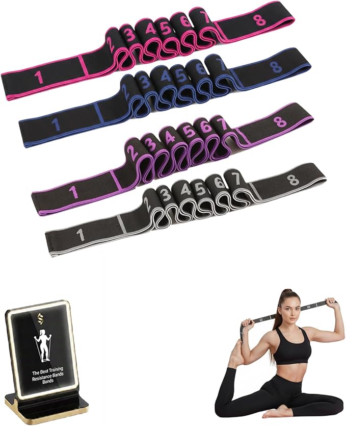 4pcs Fitness Resistance Bands Numbered for Stretching Yoga Pilates, Elastic Adjustable Training Band with Handles, Segmented Loop Strap for Glutes Seniors Women Physical Therapy Flexibility