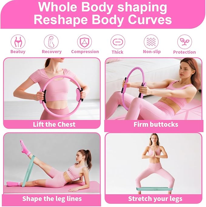 Home Pilates Workout Set for Women, Magic Circle Ring with Mini Ball, Stretch Loop Band, Workout Towel and Grip Socks, Valentine’s Day Gift for Her