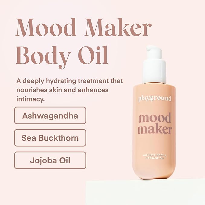 Playground Mood Maker, Pleasure Enhancing Body & Massage Oil, Mood Elevating Adaptogens, Botanical Aphrodisiacs, Skin Soothing Plant Oils, Vanilla Sandalwood Rose Ylang Ylang, Long-Lasting Sensual Oil
