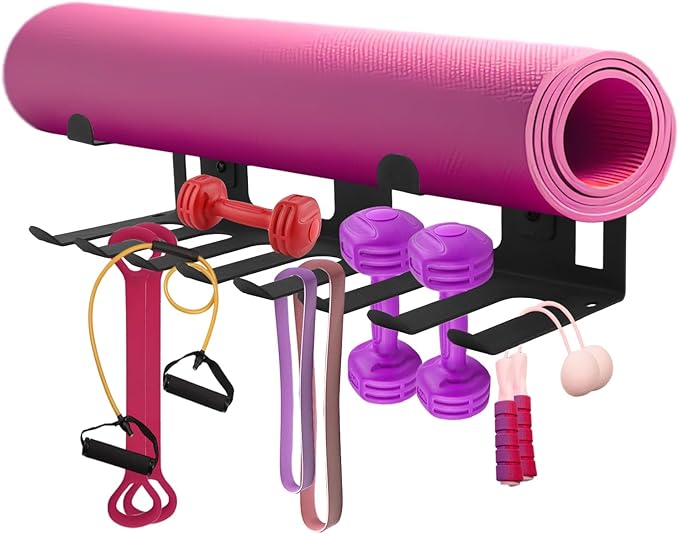Multi-Purpose Gym Equipment Storage Rack, Stainless Steel Rack Holder Organizer Wall Mount with Screws Home Gym Organization Accessories for Foam Rollers Straps Jump Ropes Yoga Mat (Black)