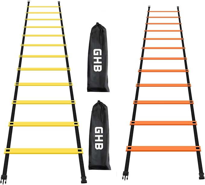 GHB Pro Agility Ladder 2 Pack Agility Training Ladder Speed 12 Rung 20ft with Carrying Bag (Yellow and Orange)
