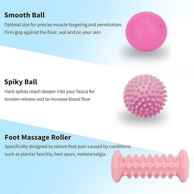 Plantar Fasciitis Relief Pink Set,Foot Roller Massager,Massage Lacrosse Ball,Spiky Ball Therapy Set for Relieve Plantar Fasciitis,Neuropathy Pain Relief Feet,Deep Tissue Muscle Massage