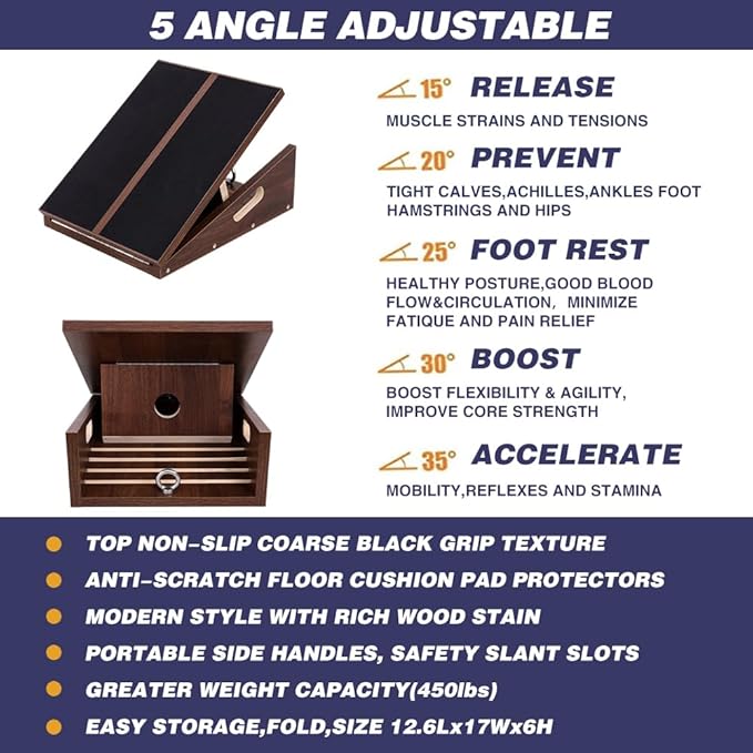 Slant Board for Calf Stretching & Relief, Adjustable Wooden Incline Slant Board for Squats, Calf Stretcher Board for Knees Ankle Heel Feet Leg, Home Gym Physical Therapy
