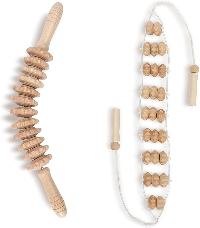 Wood Therapy Massage Tools - Lymphatic Drainage Curved Roller Stick, Neck Massager, Foam Roller, Back Scratcher, Rope Massage Kit for Deep Tissue and Back Relief